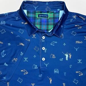 William Murray Titos Vodka Polo Shirt Mens XL Navy AOP Texas Golf Performance